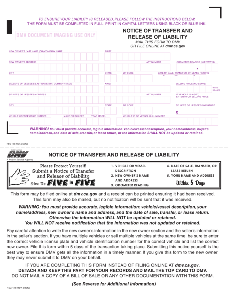 Form REG138 Download Printable PDF Or Fill Online Notice Of Transfer 