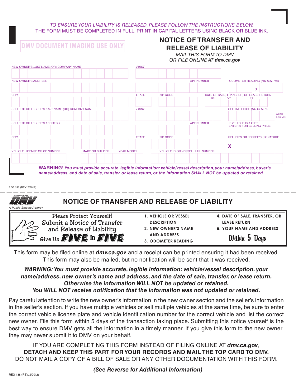 Form REG138 Download Printable PDF Or Fill Online Notice Of Transfer