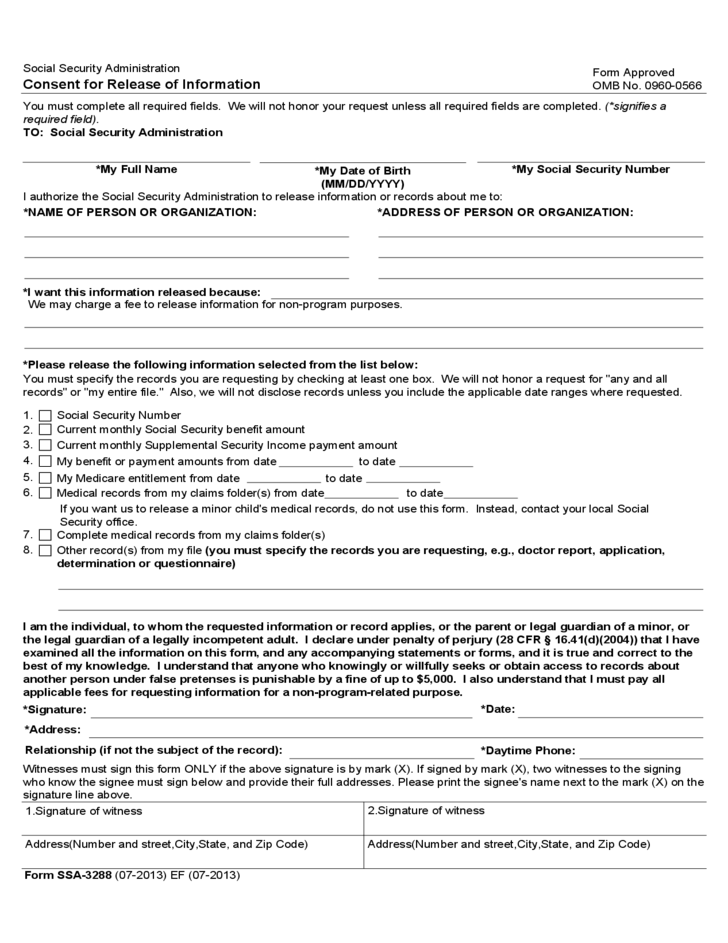 Form SSA 3288 Consent For Release Of Information Free Download