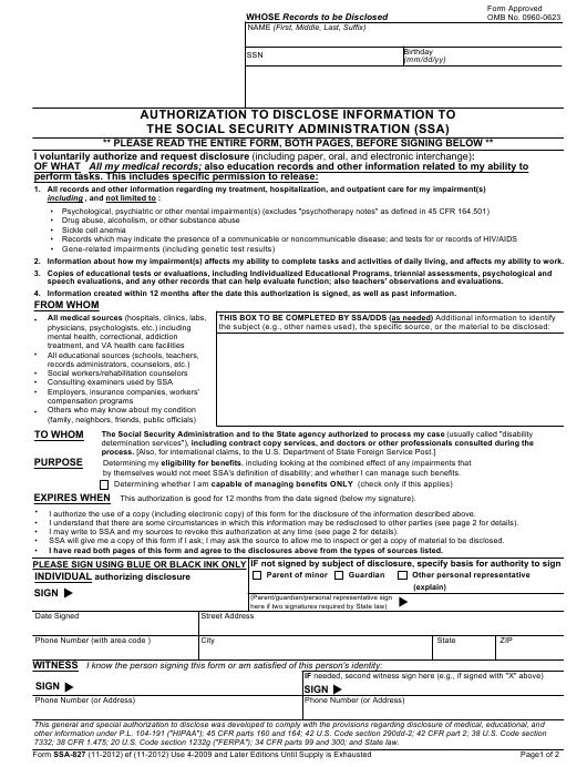 Form SSA 827 Download Fillable PDF Or Fill Online Authorization To 