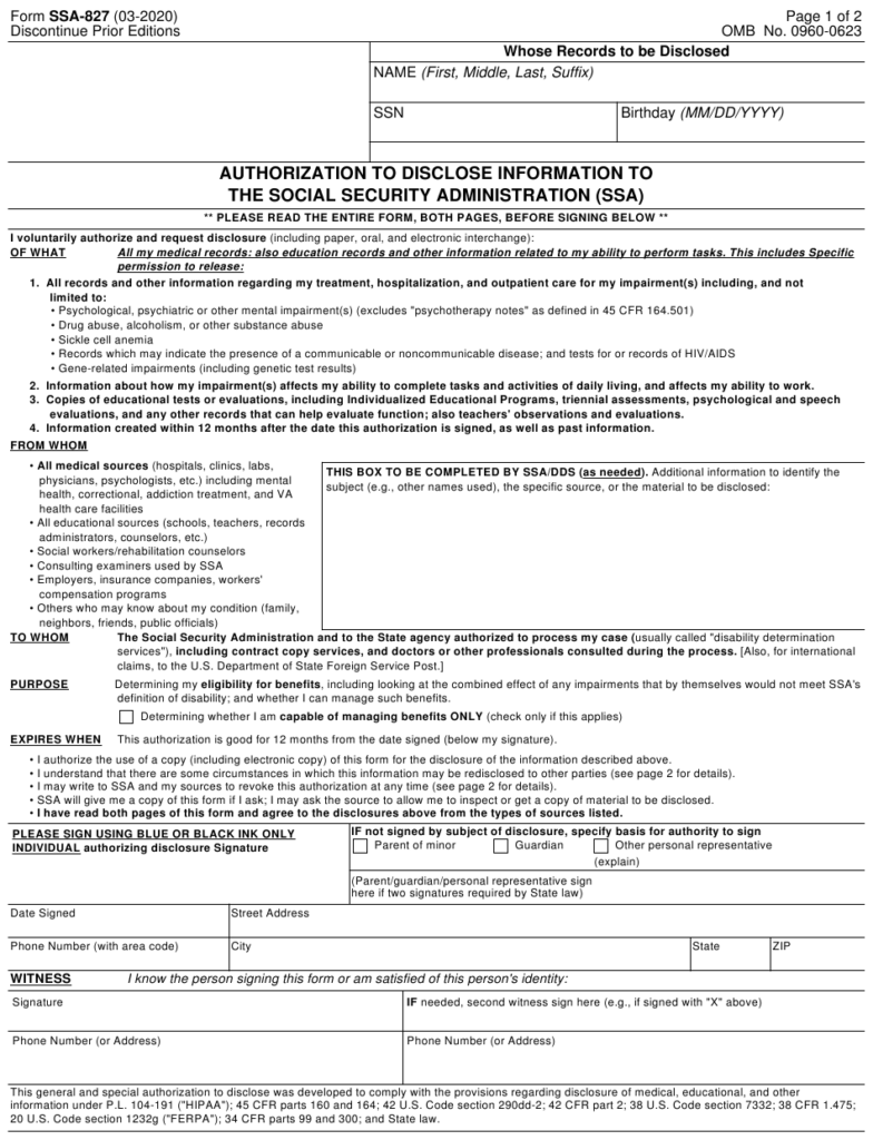 Form SSA 827 Download Fillable PDF Or Fill Online Authorization To 