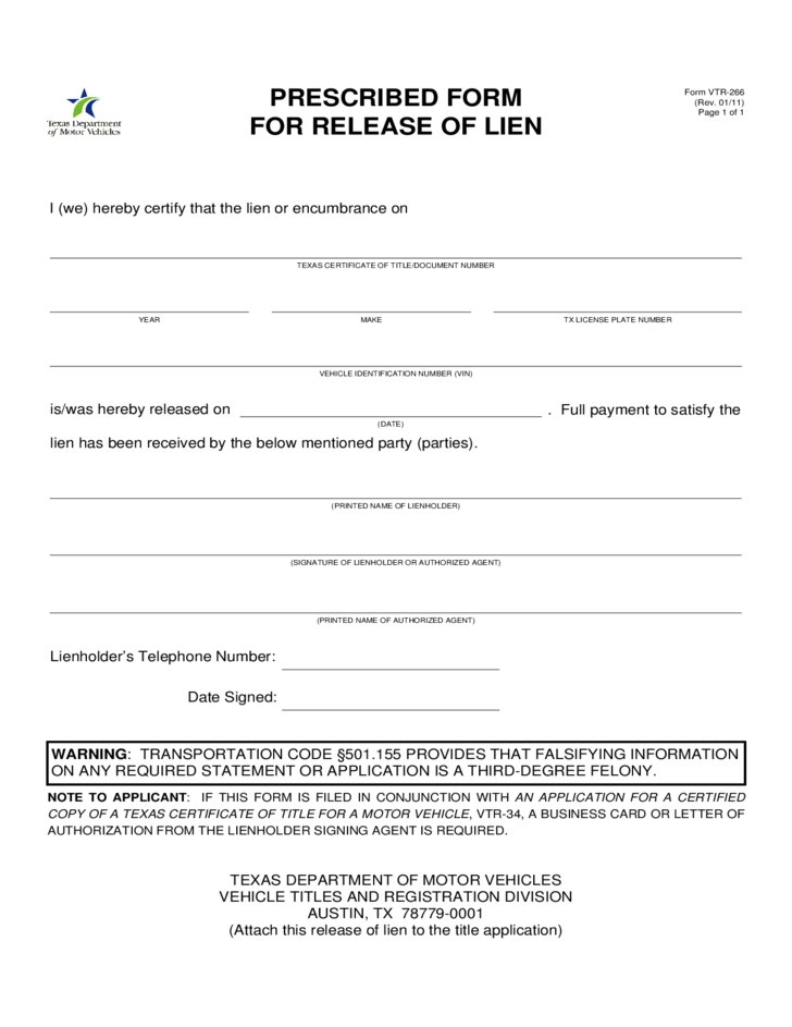 Form VTR 266 Prescribed Form For Release Of Lien Texas Free Download