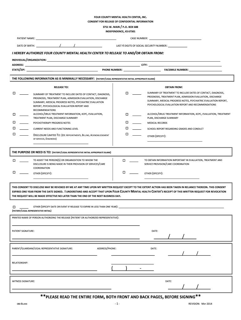 Four County Mental Health Center Consent For Release Of Confidential