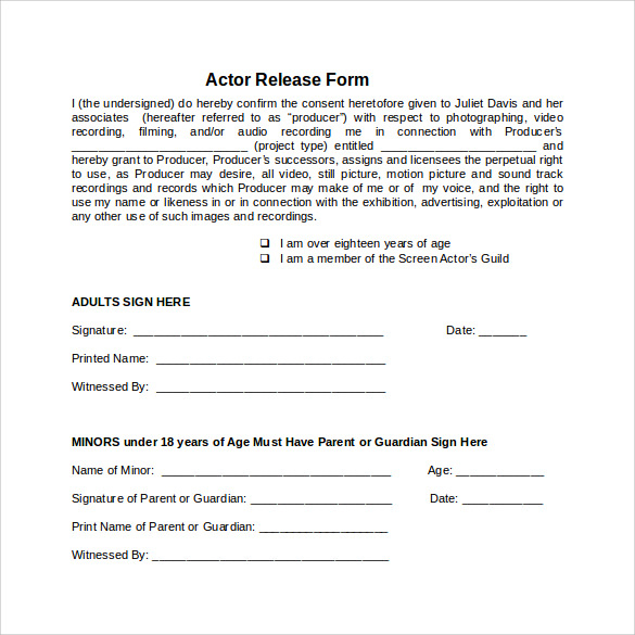 FREE 10 Sample Actor Release Forms In PDF MS Word