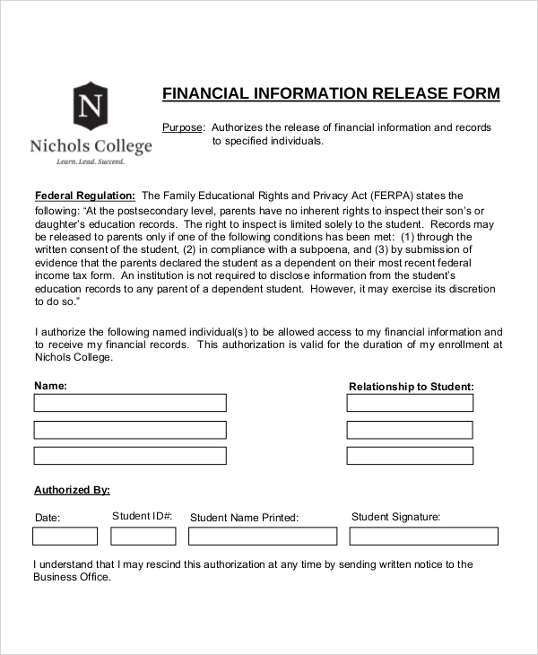 FREE 10 Sample Financial Release Forms In MS Word PDF