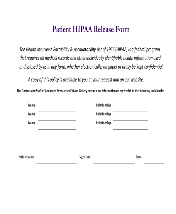 FREE 11 HIPAA Release Form Samples In PDF MS Word