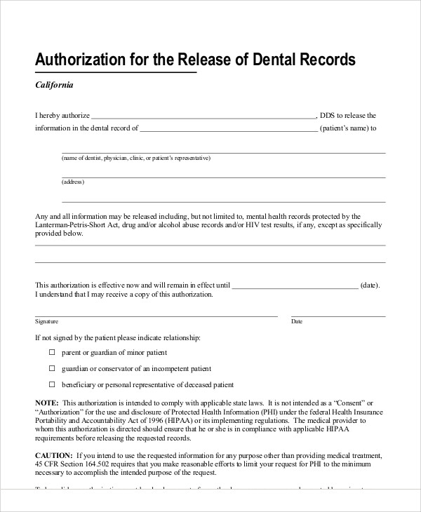 FREE 11 Sample Dental Release Forms In MS Word PDF