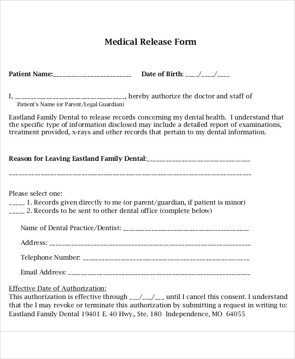 FREE 11 Sample Dental Release Forms In MS Word PDF