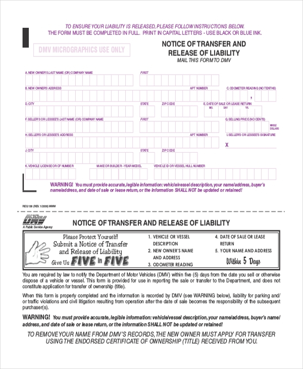 Notice Of Transfer And Release Of Liability Form Pdf
