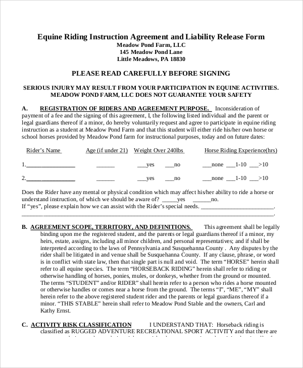 FREE 7 Sample Equine Release Forms In MS Word PDF