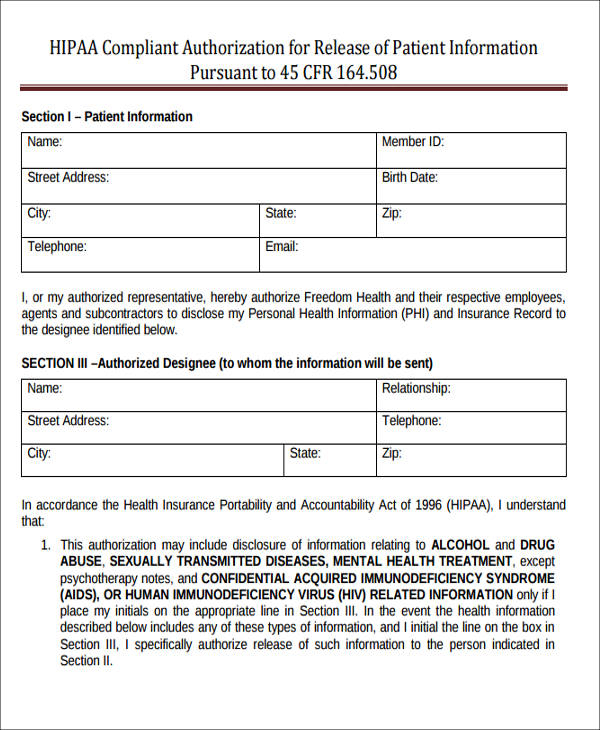 FREE 7 Sample HIPAA Compliant Release Forms In MS Word PDF