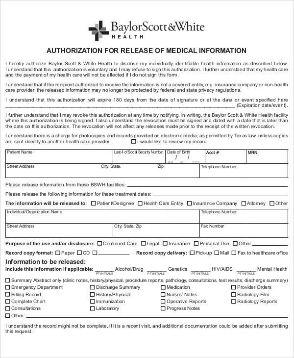 FREE 7 Sample Medical Information Release Forms In MS Word PDF