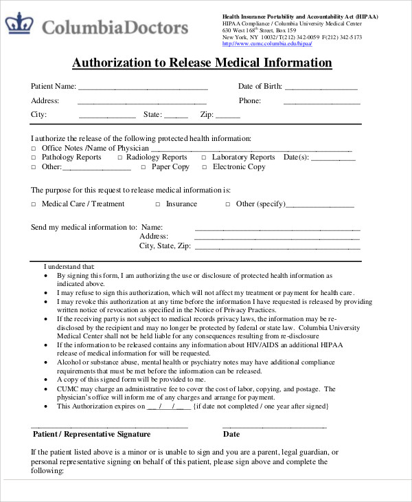 FREE 7 Sample Medical Information Release Forms In MS Word PDF