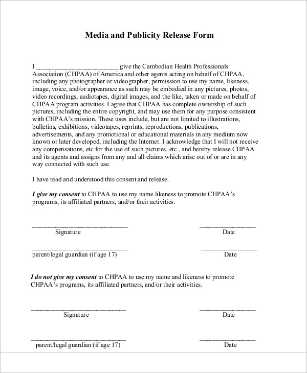 FREE 8 Sample Publicity Release Forms In MS Word PDF