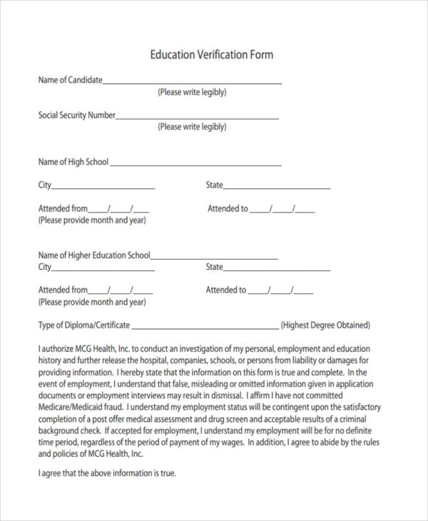 FREE 9 Education Verification Forms In PDF Ms Word