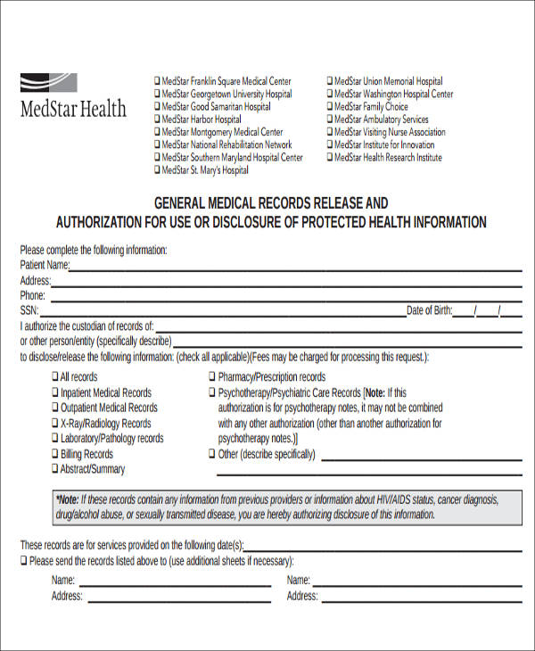 FREE 9 Release Of Medical Information Form Samples In MS Word PDF