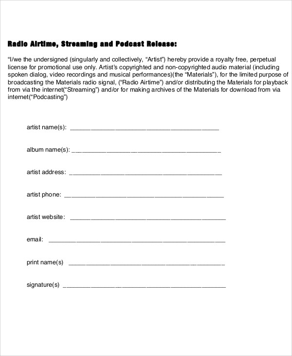 FREE 9 Sample Artist Release Forms In MS Word PDF