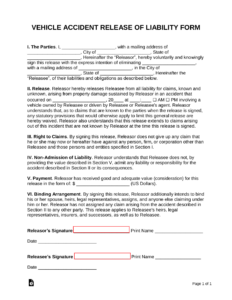 Free Car Accident Release Of Liability Form Settlement Agreement