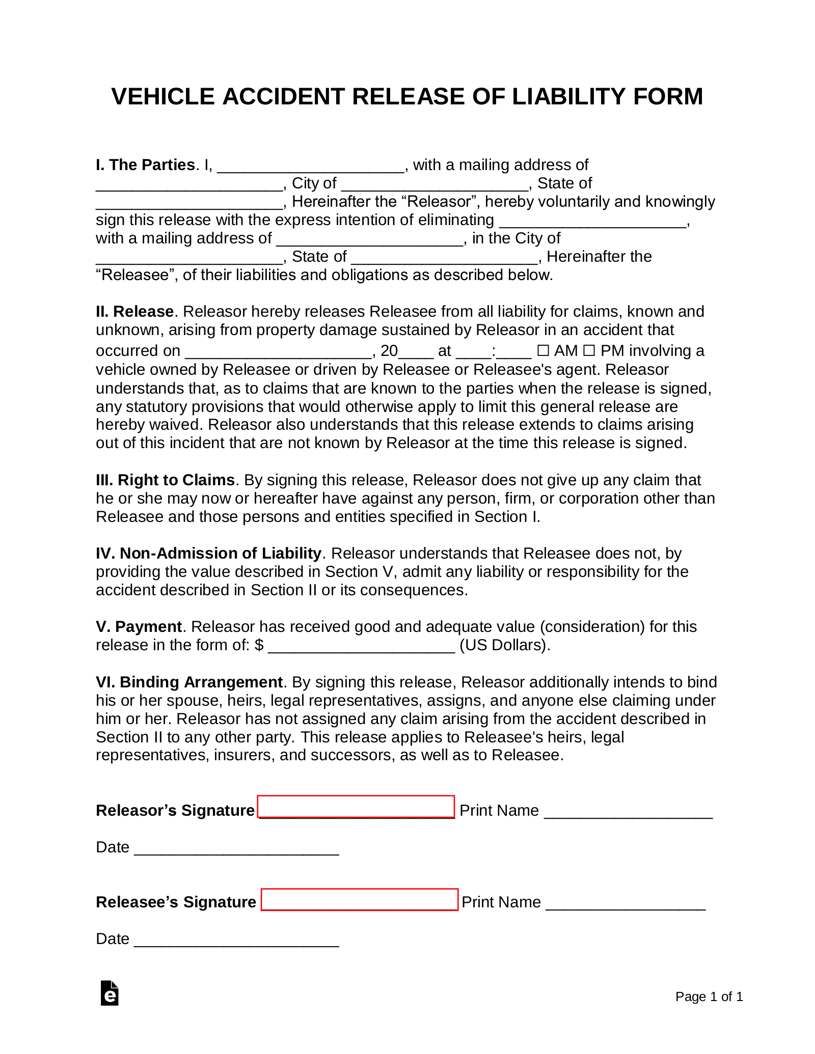 Free Car Accident Release Of Liability Form Settlement Agreement