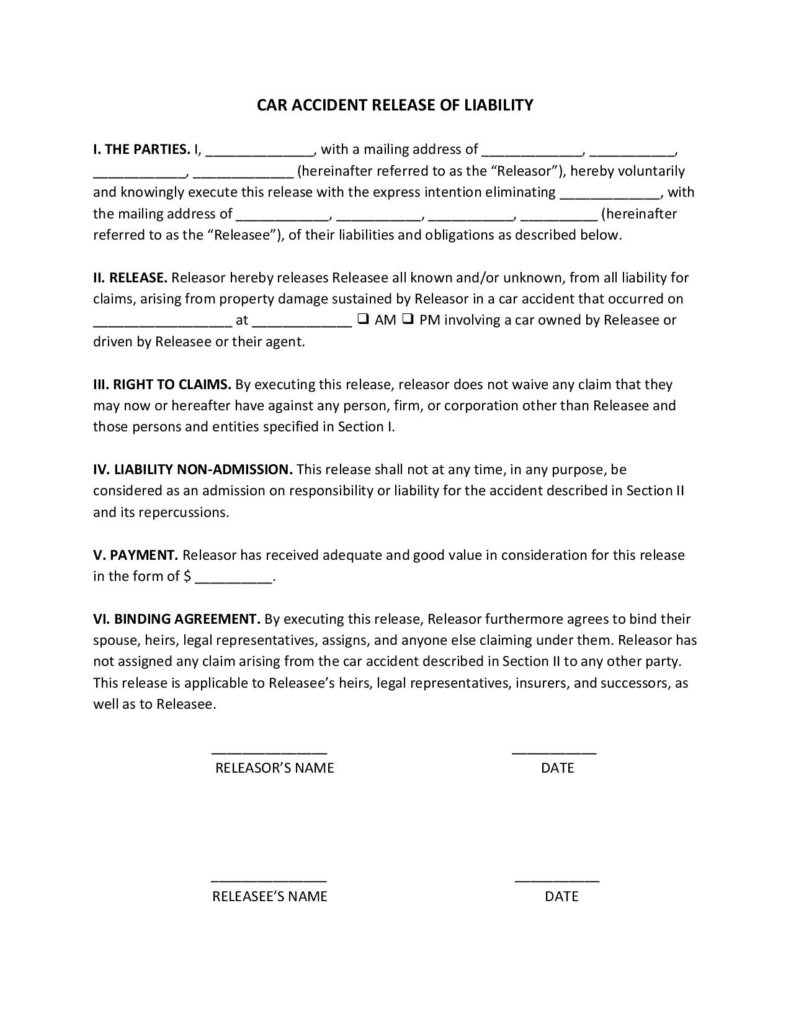 FREE Car Accident Release Of Liability PDF WORD 