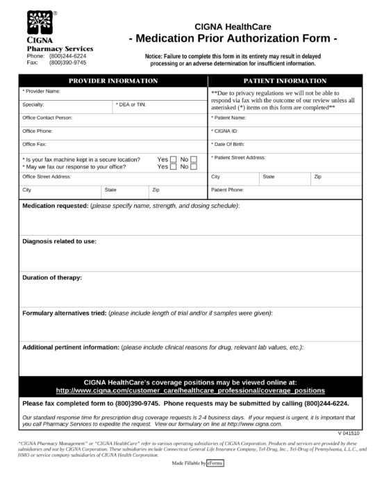 Free Cigna Prior Rx Authorization Form PDF EForms