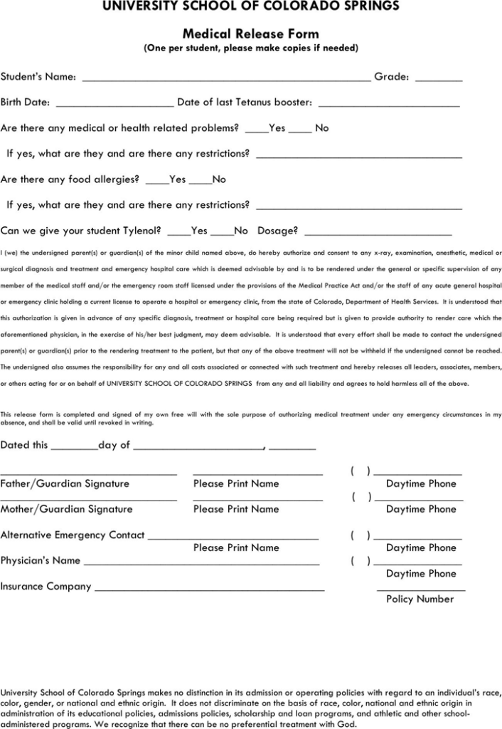 Free Colorado Medical Release Form PDF 40KB 1 Page s 