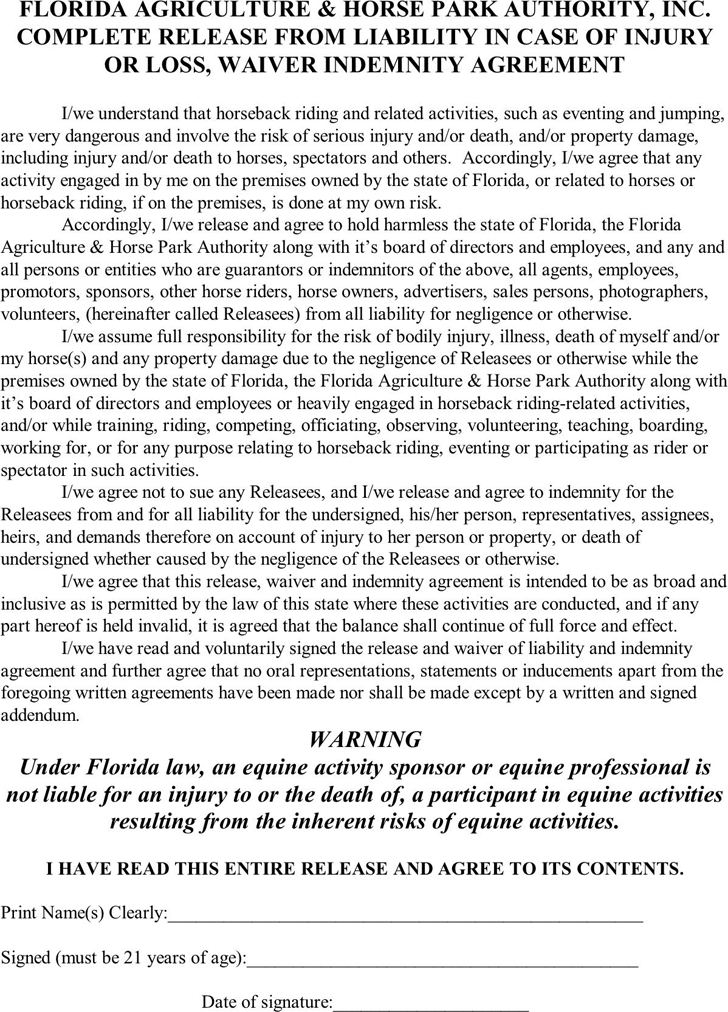 Free Florida Liability Release Form PDF 80KB 1 Page s 