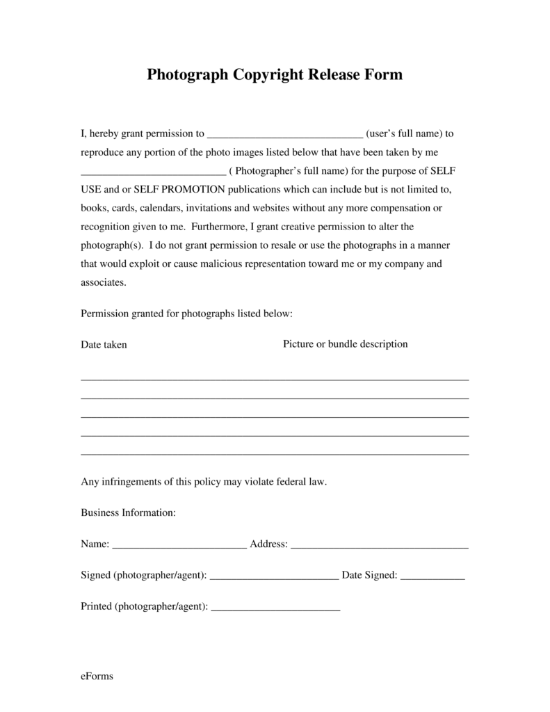 Free Generic Photo Copyright Release Form PDF EForms Free 