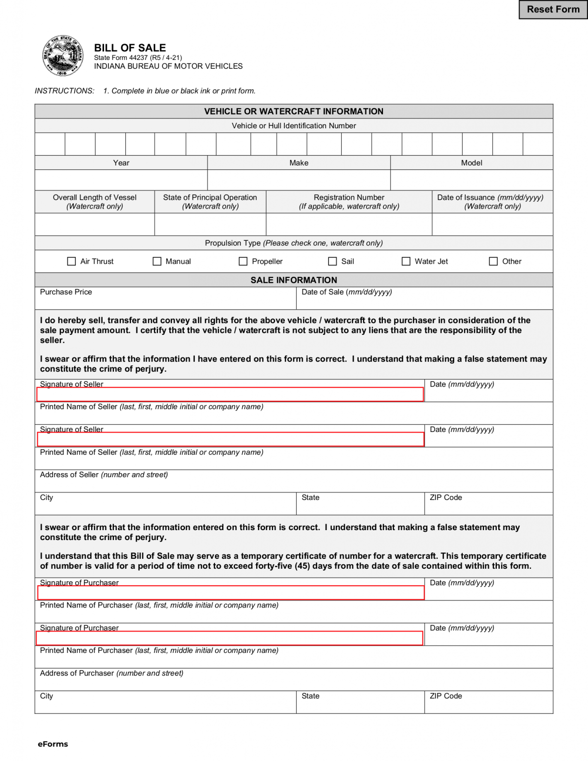 Free Indiana Bill Of Sale Forms PDF EForms