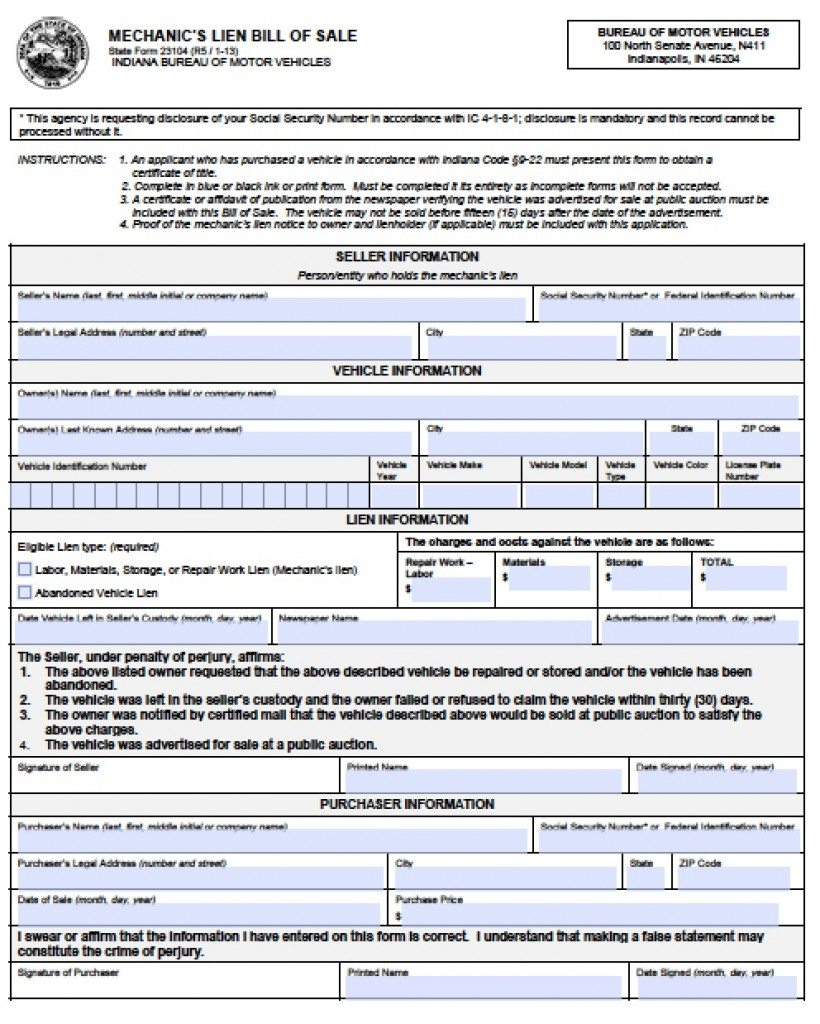 Free Indiana Mechanic s Lien Bill Of Sale 23104 Form PDF Word doc 