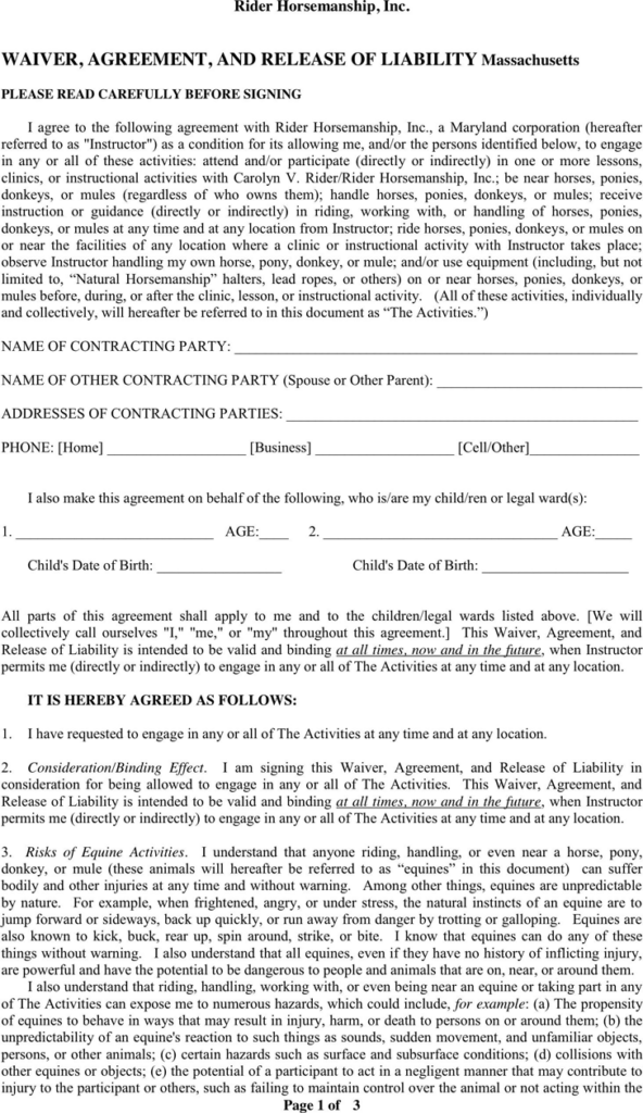 Free Massachusetts Liability Release Form PDF 103KB 3 Page s 