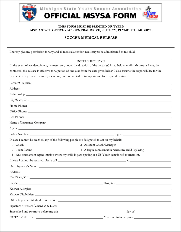 Free Michigan Soccer Medical Release Form PDF 144KB 1 Page s