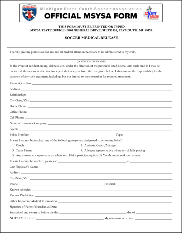 Free Michigan Soccer Medical Release Form PDF 144KB 1 Page s 