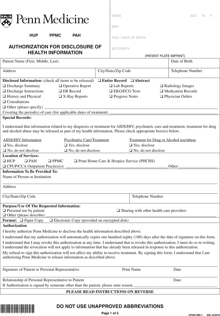 Free Pennsylvania Medical Release Form PDF 117KB 2 Page s