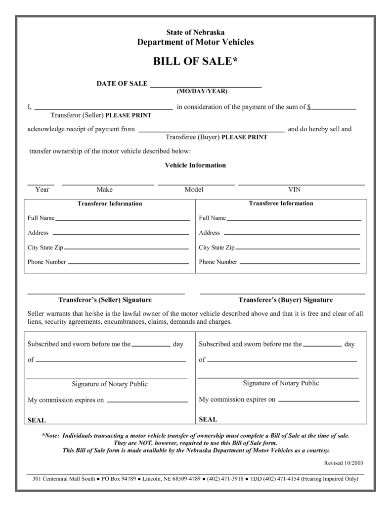 Free Printable Auto Bill Of Sale Form GENERIC 