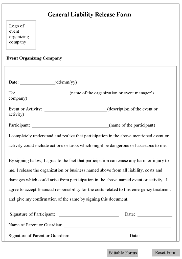 Free Printable Liability Release Form Sample Form GENERIC