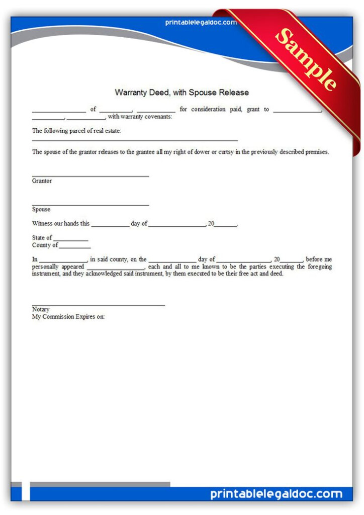 Free Printable Warranty Deed With Spouse Release Form GENERIC 