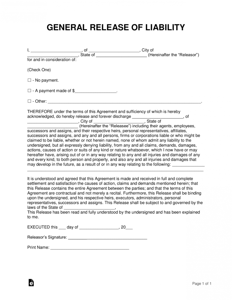 Free Release Of Liability Hold Harmless Agreement Template General 