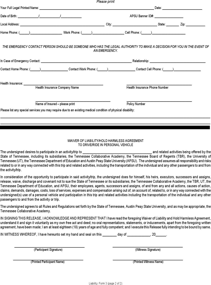 Free Tennessee Liability Release Form PDF 30KB 2 Page s Page 2