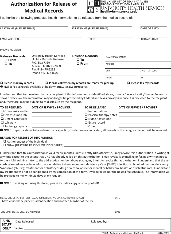 Free Texas Medical Records Release Form PDF 141KB 1 Page s 