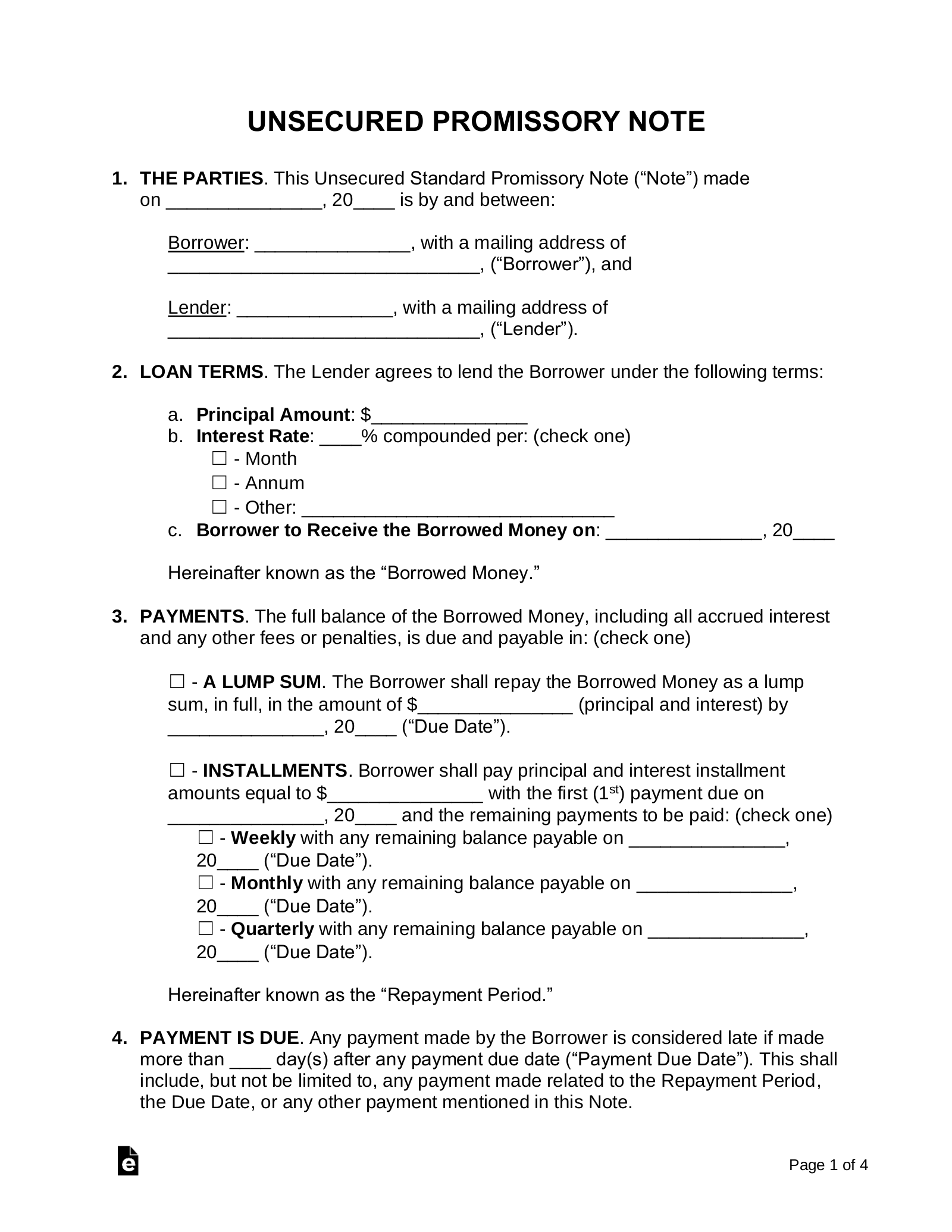 Free Unsecured Promissory Note Template Word PDF EForms