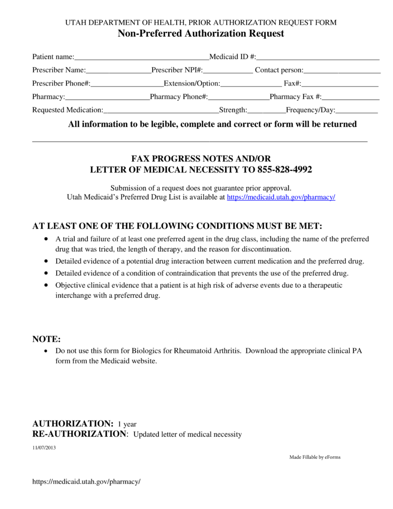 Free Utah Medicaid Prior Authorization Form PDF EForms
