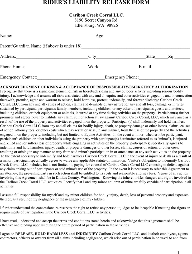 Free Washington Rider s Liability Release Form PDF 155KB 4 Page s 