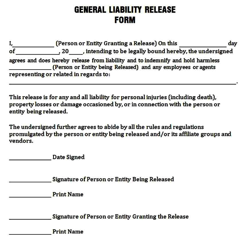 General Release Of Liability Form Template Liability Liability