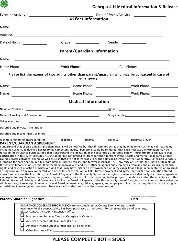 Georgia 4 H Medical Information Release Form Download The Free 