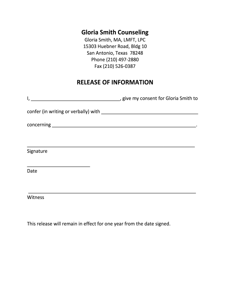 Gloria Smith Counseling Release Of Information Fill And Sign