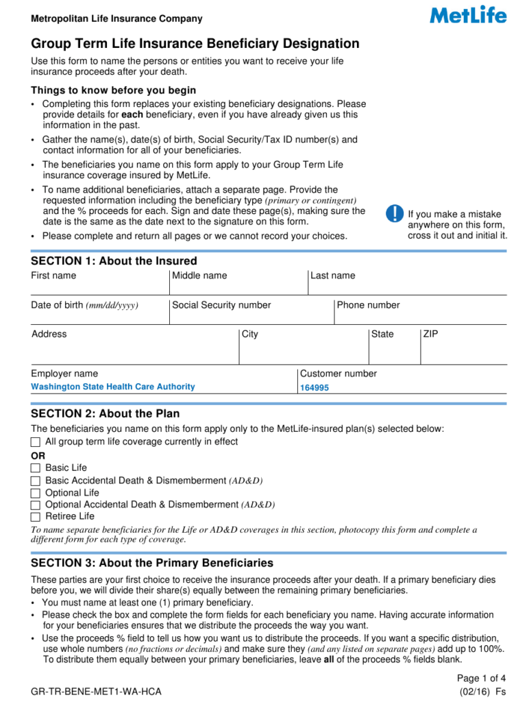 Group Term Life Insurance Beneficiary Designation Form Metlife 