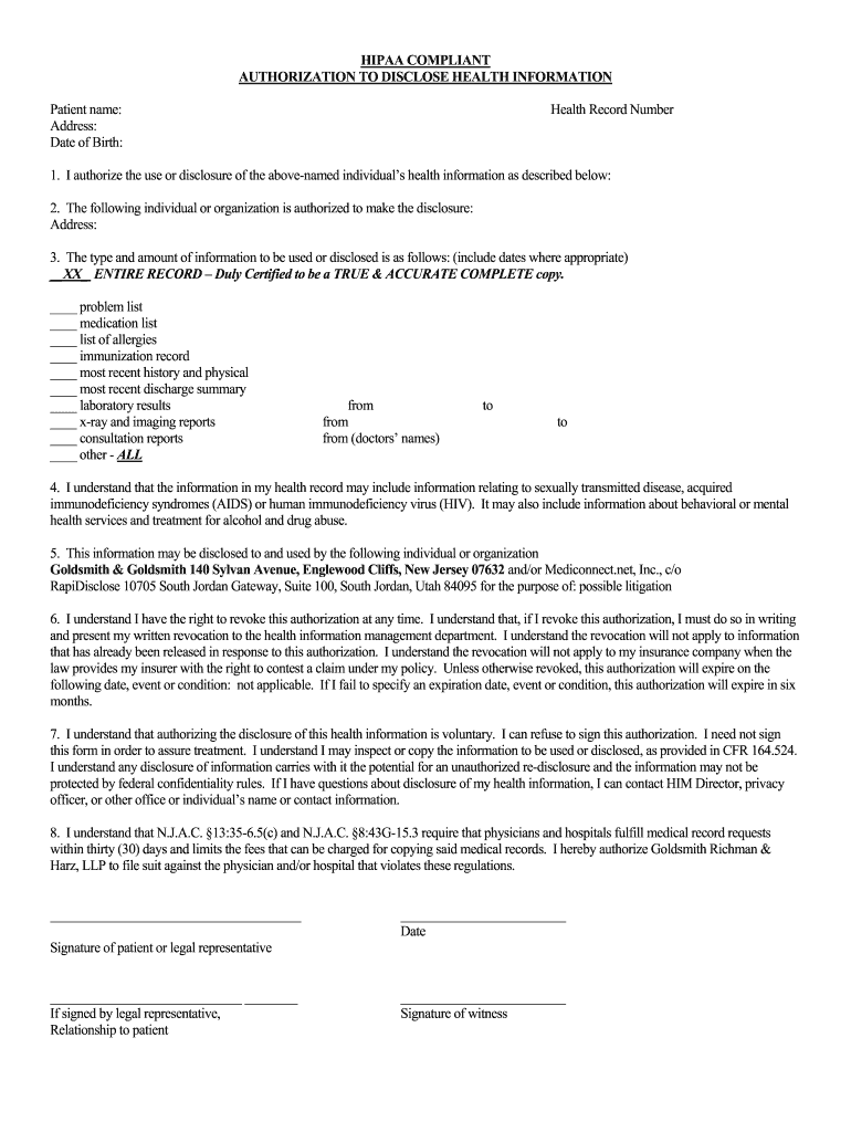 Hipaa Release Form New Jersey Fill Online Printable Fillable Blank 