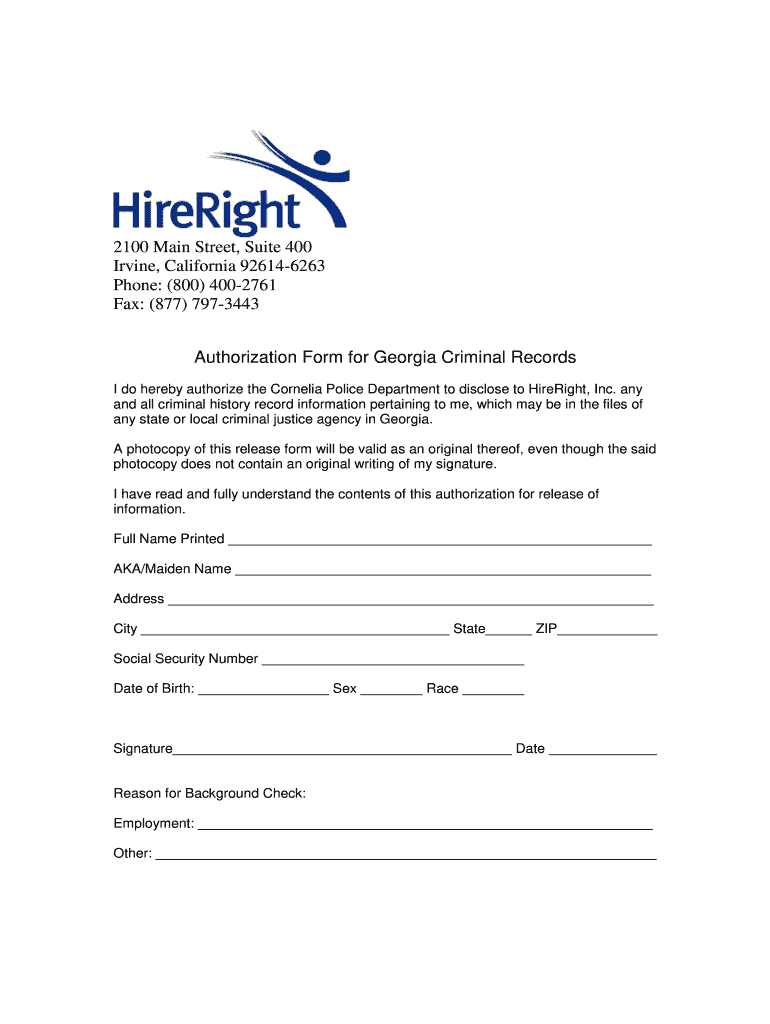 Hireright Criminal History Georgia Release Form Fill Out And Sign 