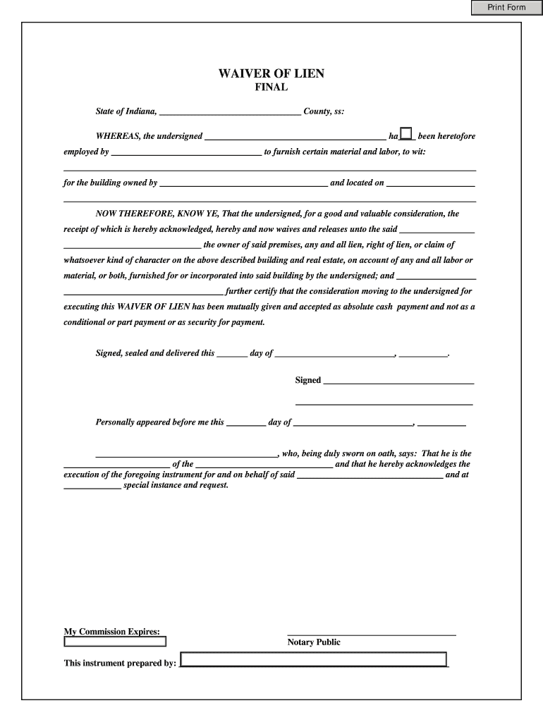 Indiana Lien Release Fill Online Printable Fillable Blank PdfFiller